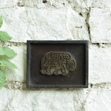 Ekaurr Haathi Impressions Vintage Brass Print Block Wall Art with detailed elephant motif, authentic textile printing block mounted on rustic wooden frame, Indian heritage décor
