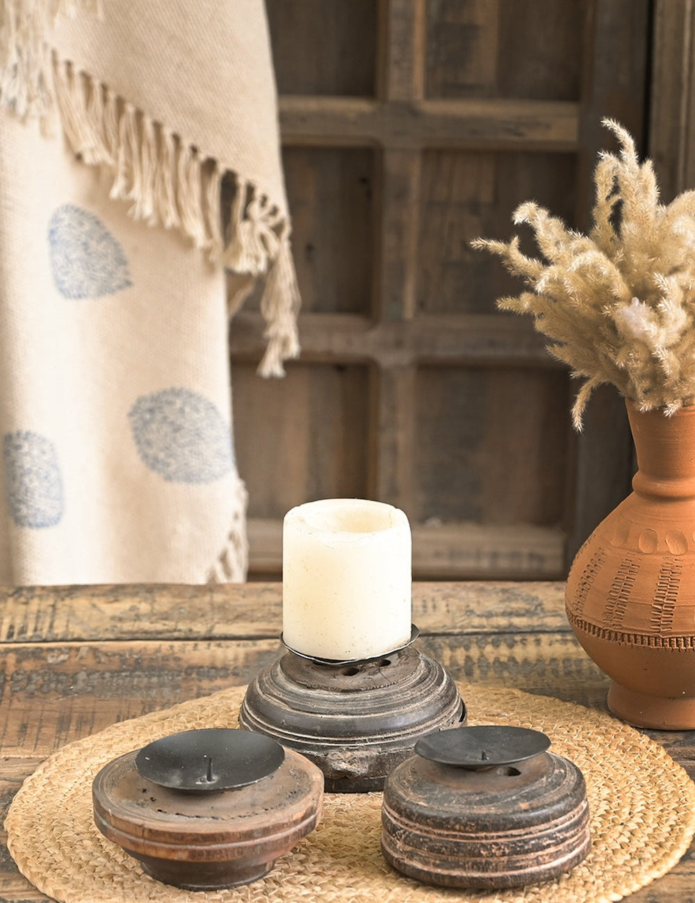 Ekaurr Half Bijani wooden candle holders set of 2 showing natural grain and traditional hand-carved detailing, upcycled heritage home décor