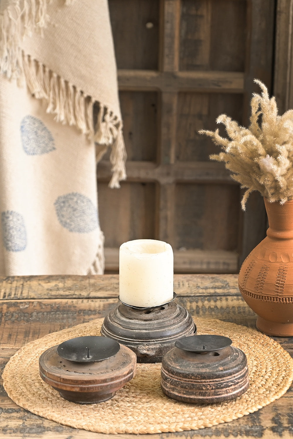 Ekaurr Half Bijani wooden candle holders set of 2 showing natural grain and traditional hand-carved detailing, upcycled heritage home décor