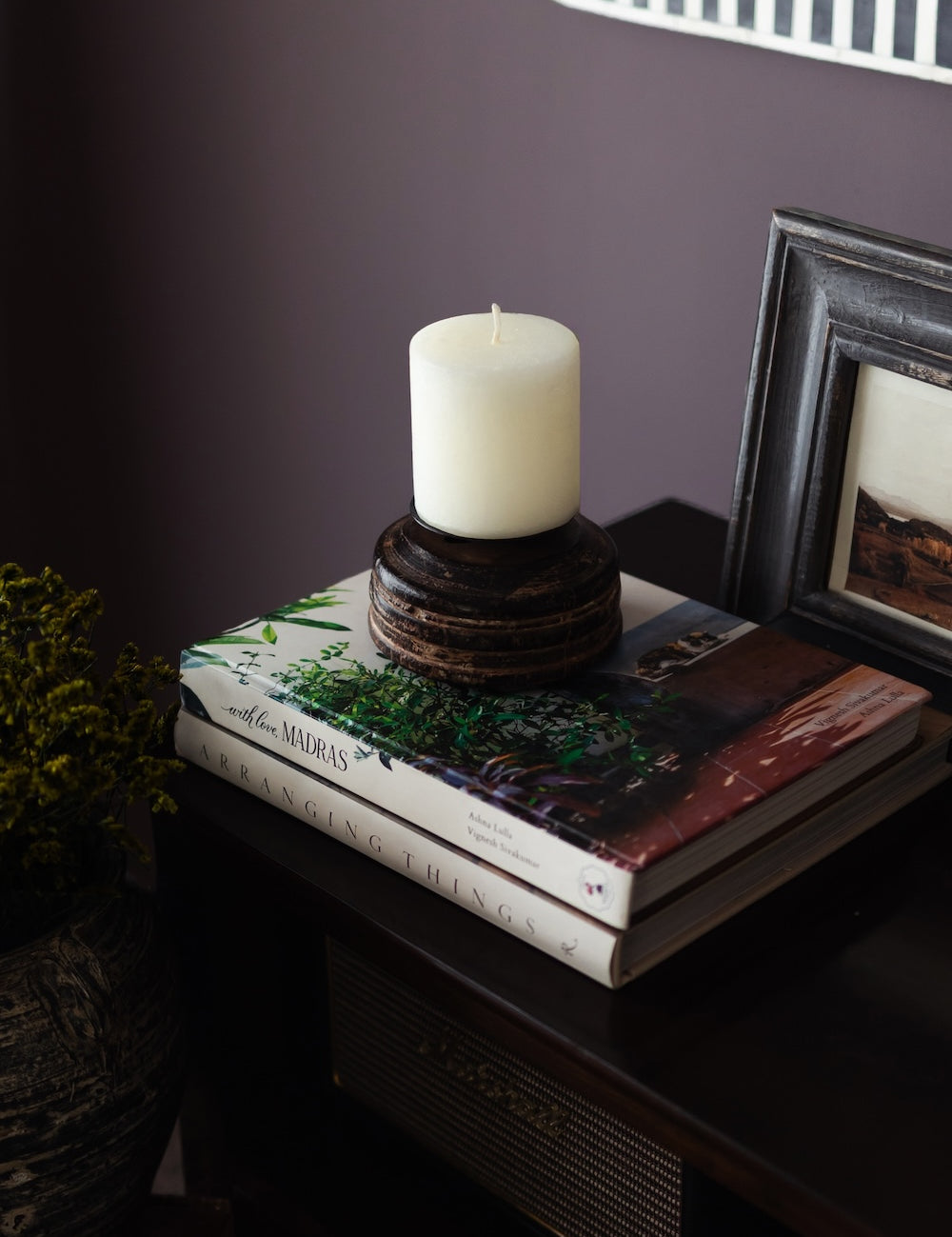 Ekaurr Half Bijani Candle Holder set of 2 repurposed from vintage Indian seed dispensers, solid wood with hand-carved details and rustic patina