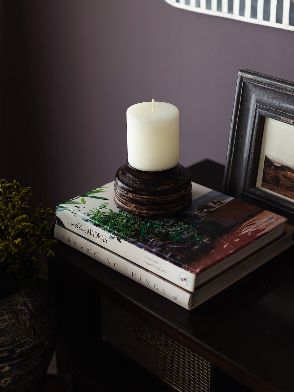 Ekaurr Half Bijani Candle Holder set of 2 repurposed from vintage Indian seed dispensers, solid wood with hand-carved details and rustic patina