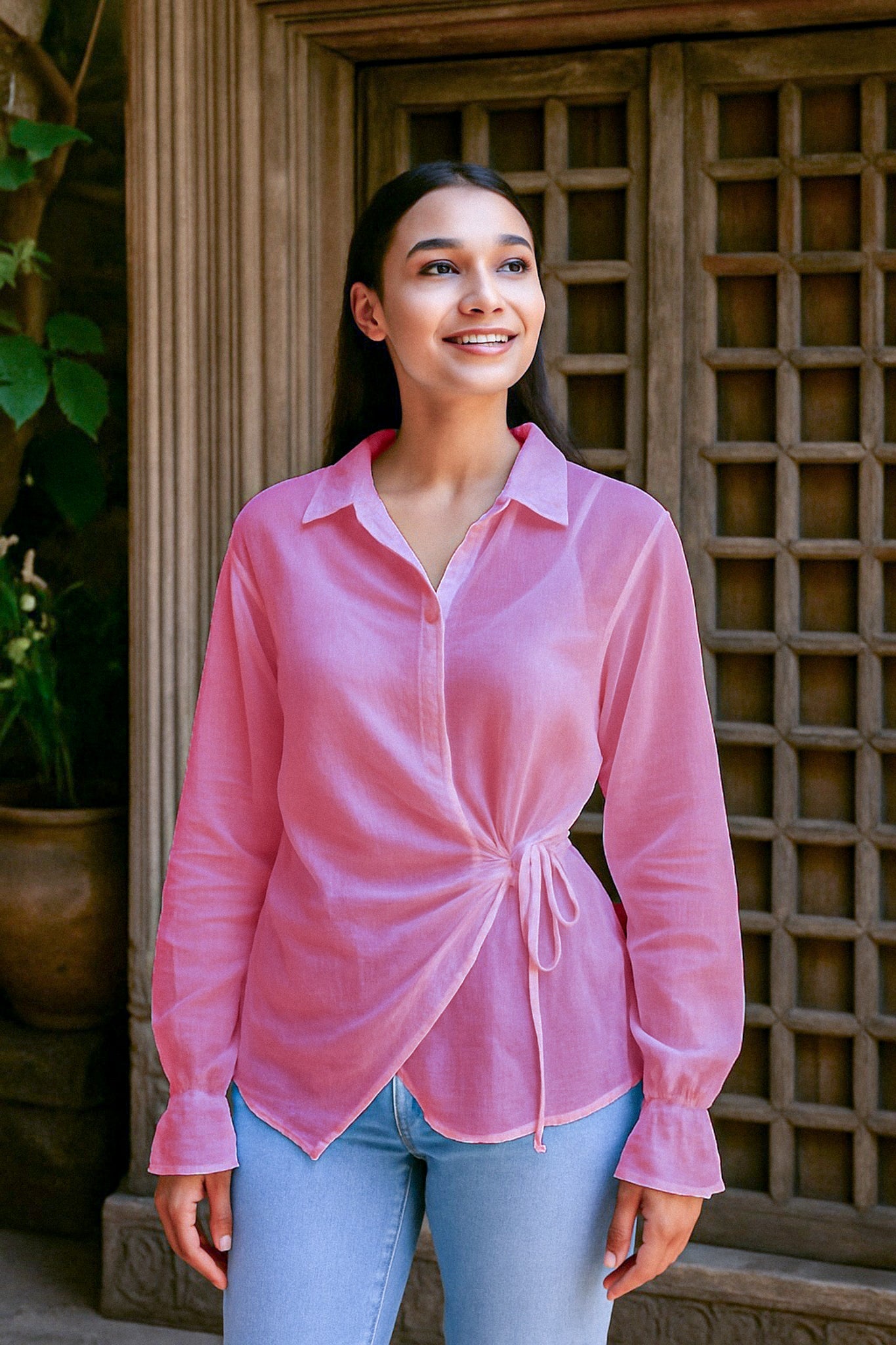 Ekaurr BIGDI Halka Knot Cotton Top lightweight finest cotton summer top with a knot-tie front detail in soft pastel tones, artisan slow fashion wearable for women from the BIGDI summer pastel collection
