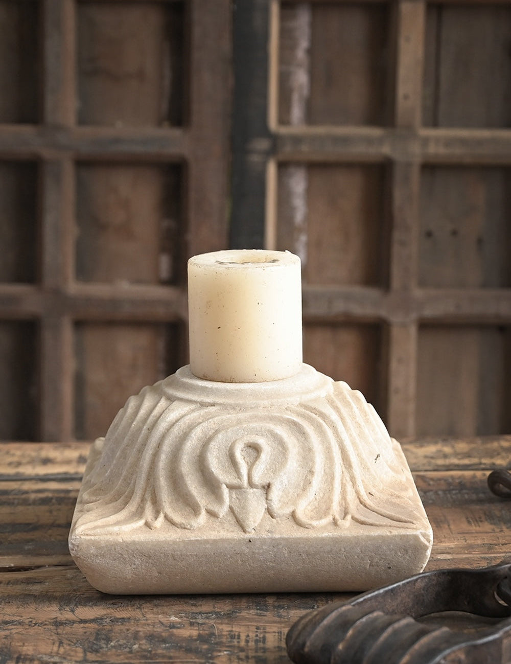 Ekaurr Hand Carved Marble Candle Holder solid natural marble with hand-chiselled surface relief carving, luxury artisan stone candle holder for dining tables altars and refined home decor