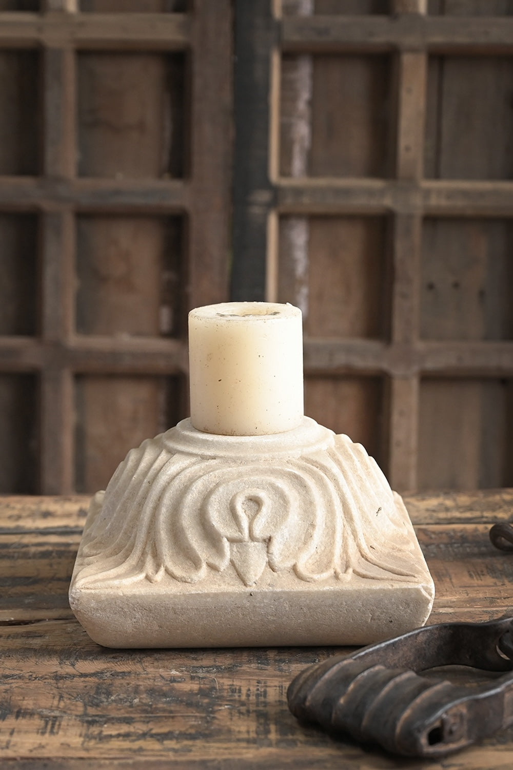 Ekaurr Hand Carved Marble Candle Holder solid natural marble with hand-chiselled surface relief carving, luxury artisan stone candle holder for dining tables altars and refined home decor