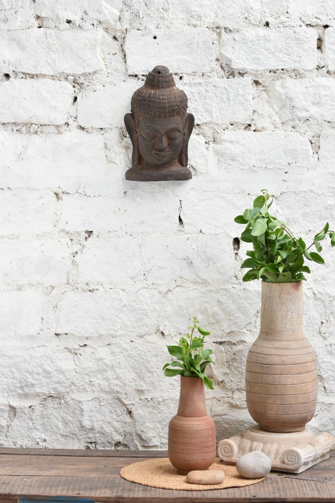 Ekaurr Hand Carved Buddha Wall Sculpture, serene handcrafted wooden Buddha head with closed eyes and meditative expression, vintage one-of-a-kind spiritual wall décor