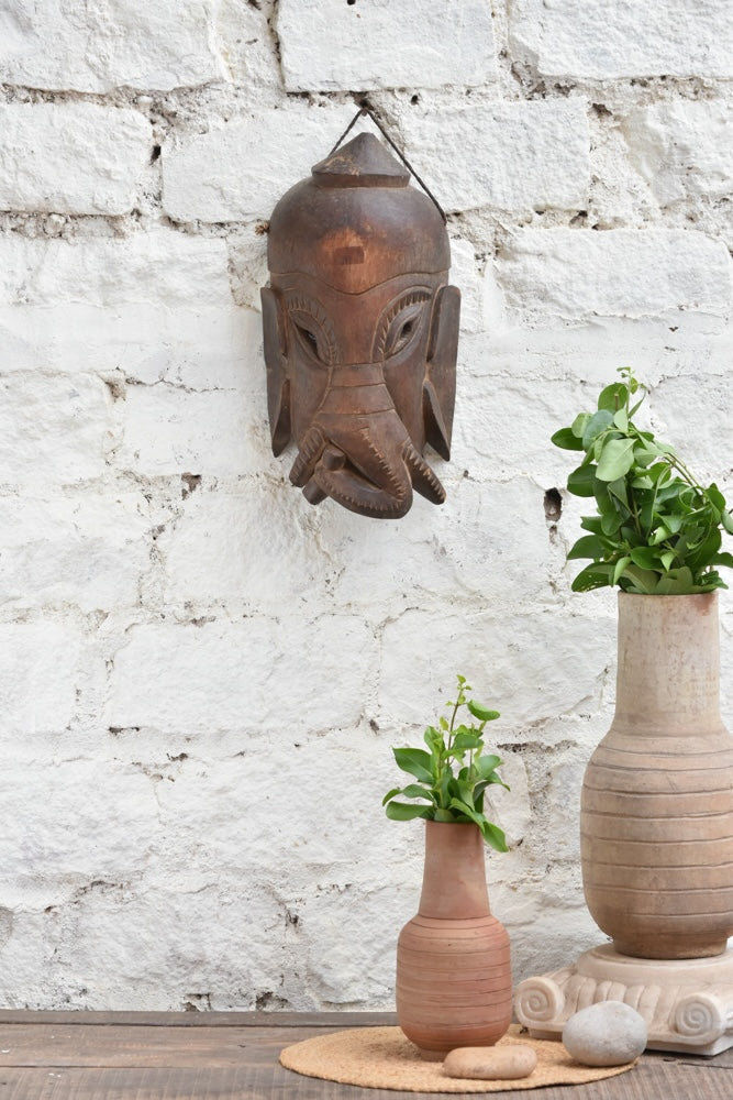 Ekaurr Hand Carved Elephant Wisdom rustic wooden wall mask channelling divine elephant energy, hand-chiselled with protective presence and ancient Indian artistry
