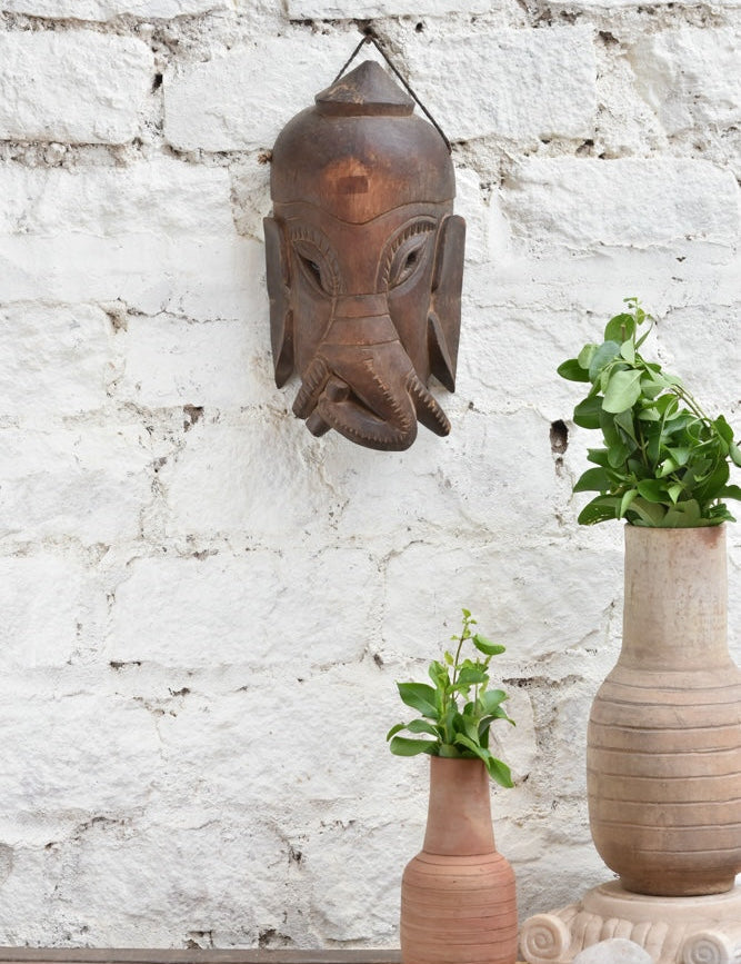 Ekaurr Hand Carved Elephant Wisdom rustic wooden wall mask channelling divine elephant energy, hand-chiselled with protective presence and ancient Indian artistry