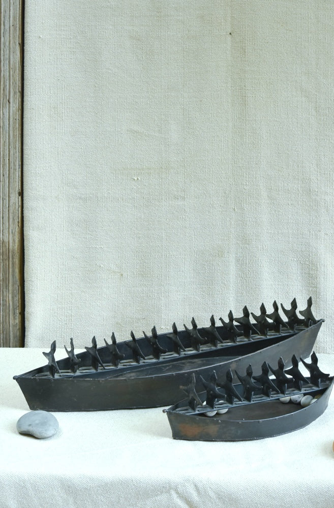 Ekaurr Handcrafted Iron Boat Sculptures set of 2 matte black iron miniature boats with textured surfaces, artisan decorative figurine pair for shelves consoles and coastal-inspired home decor
