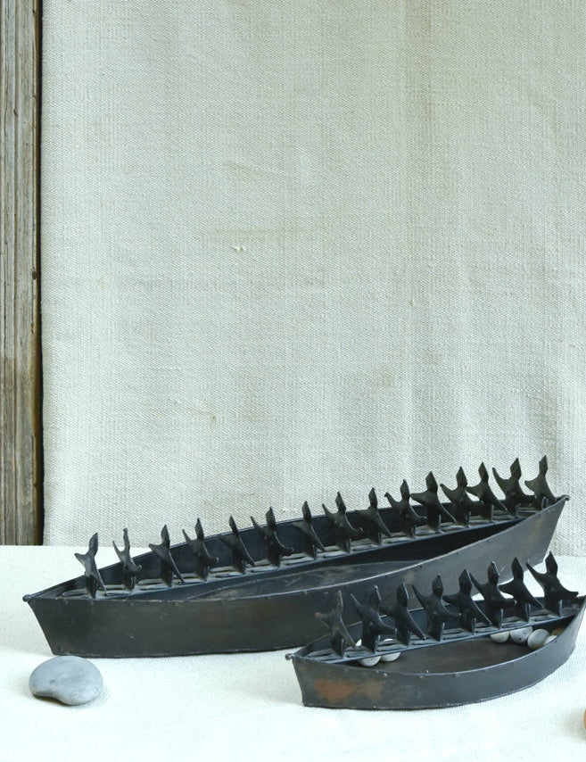 Ekaurr Handcrafted Iron Boat Sculptures set of 2 matte black iron miniature boats with textured surfaces, artisan decorative figurine pair for shelves consoles and coastal-inspired home decor