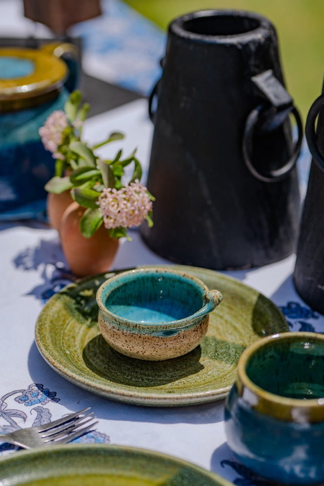 Ekaurr Handmade Ceramic Plates and Bowls set of 4 hand-thrown artisan ceramic dining pieces with organic glaze in earthy natural tones, microwave and oven safe kitchen essentials for everyday dining and table styling