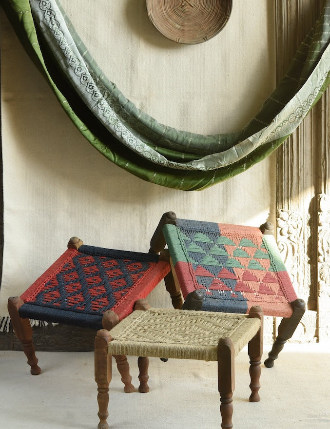 Ekaurr Handwoven Charpai Stool with turned wooden legs and traditional Indian woven cotton seat, handcrafted artisan footstool