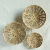 Ekaurr Handwoven Chhabri Wall Décor and Utility Bowl set of 3 in graduated sizes, traditional woven natural fibre baskets displayed as boho wall art or everyday storage bowls