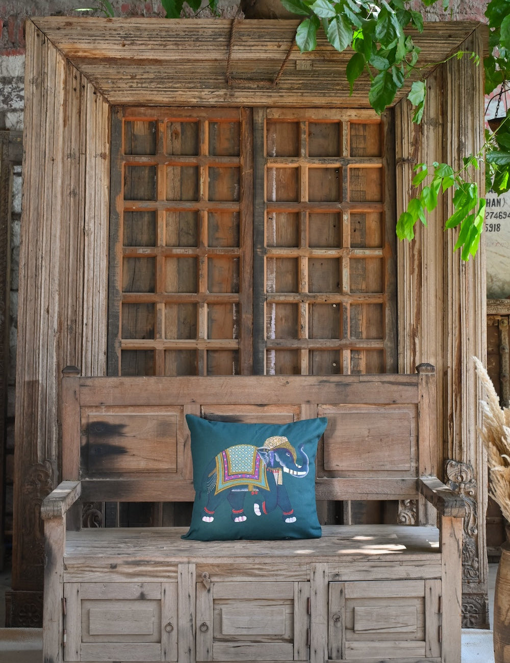 Ekaurr Hathi Hues Cushion Cover handcrafted 18x18 inch cushion cover with an elephant motif in vibrant Indian folk art colours, artisan ethnic textile accent for sofas and heritage-inspired home styling