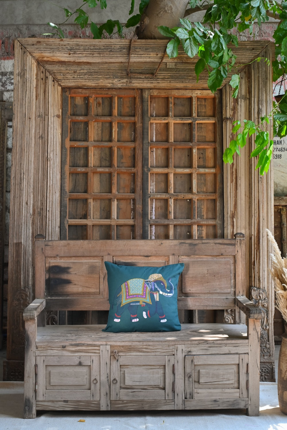 Ekaurr Hathi Hues Cushion Cover handcrafted 18x18 inch cushion cover with an elephant motif in vibrant Indian folk art colours, artisan ethnic textile accent for sofas and heritage-inspired home styling