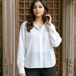 Ekaurr BIGDI Haya Bow Cotton Shirt finest cotton summer shirt with a modest grace-inspired bow-tie neckline detail in soft pastel tones, artisan slow fashion top for women from the BIGDI summer collection