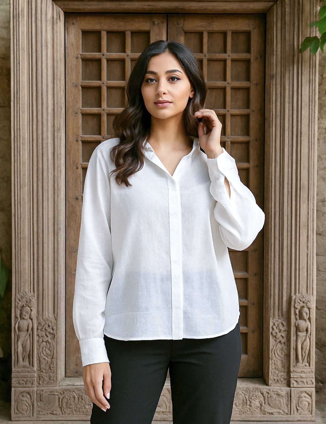 Ekaurr BIGDI Haya Bow Cotton Shirt finest cotton summer shirt with a modest grace-inspired bow-tie neckline detail in soft pastel tones, artisan slow fashion top for women from the BIGDI summer collection