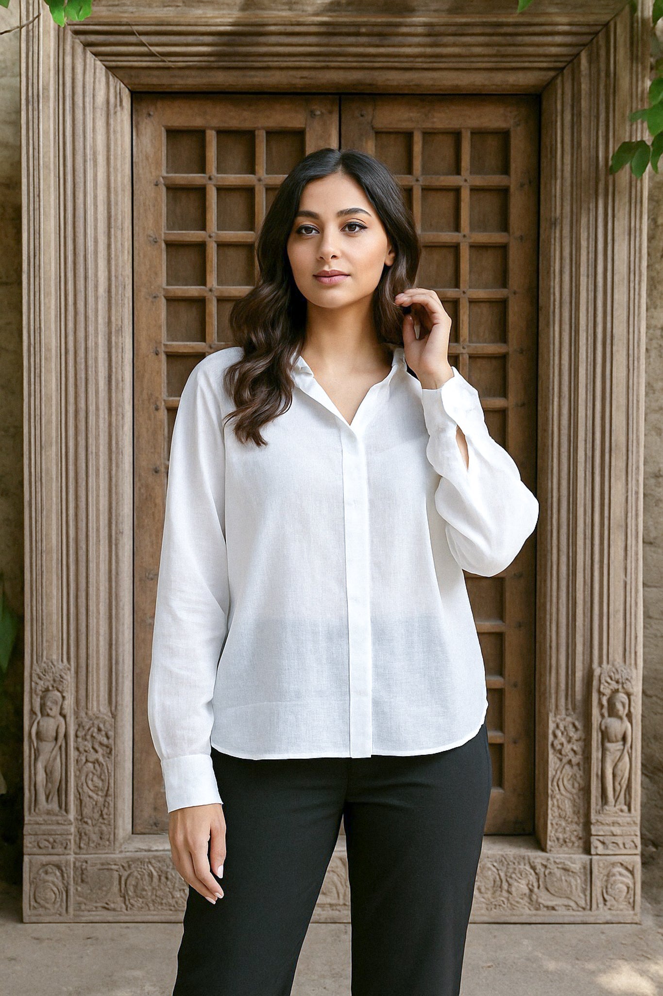 Ekaurr BIGDI Haya Bow Cotton Shirt finest cotton summer shirt with a modest grace-inspired bow-tie neckline detail in soft pastel tones, artisan slow fashion top for women from the BIGDI summer collection