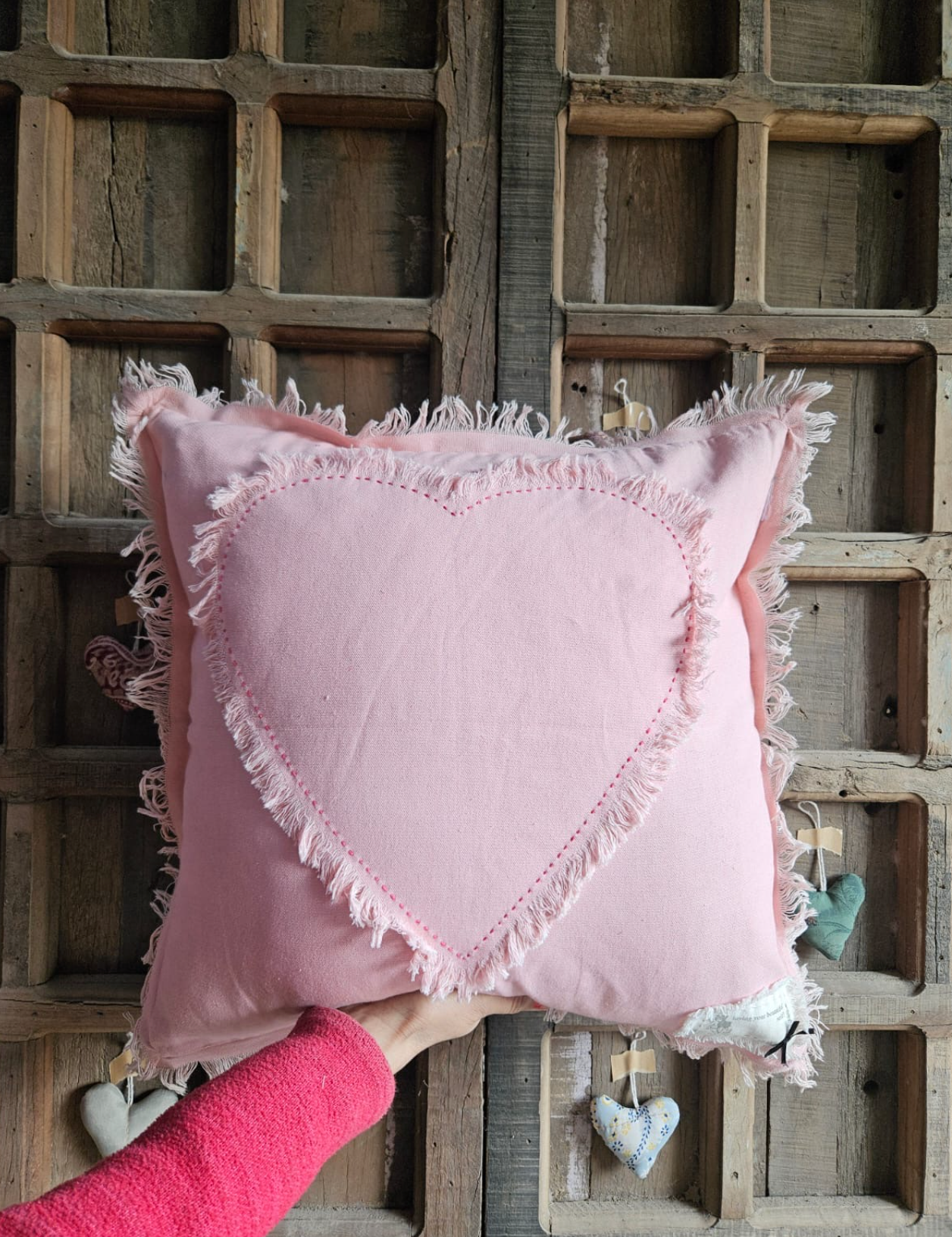 Ekaurr Heart in Bloom Pink Cushion Cover handcrafted cushion cover in soft pink with a blooming heart or floral heart motif, artisan upcycled textile gift accent for sofas and romantic home styling