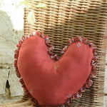 Ekaurr Heartfelt Embrace Handcrafted Heart Cushion 16x16 inch heart-shaped cushion in rich red fabric with ruffled edges made from upcycled textiles, artisan gifting cushion for Valentine's Day anniversaries and meaningful home decor