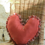 Ekaurr Heartfelt Embrace Handcrafted Heart Cushion 16x16 inch heart-shaped cushion in rich red fabric with ruffled edges made from upcycled textiles, artisan gifting cushion for Valentine's Day anniversaries and meaningful home decor