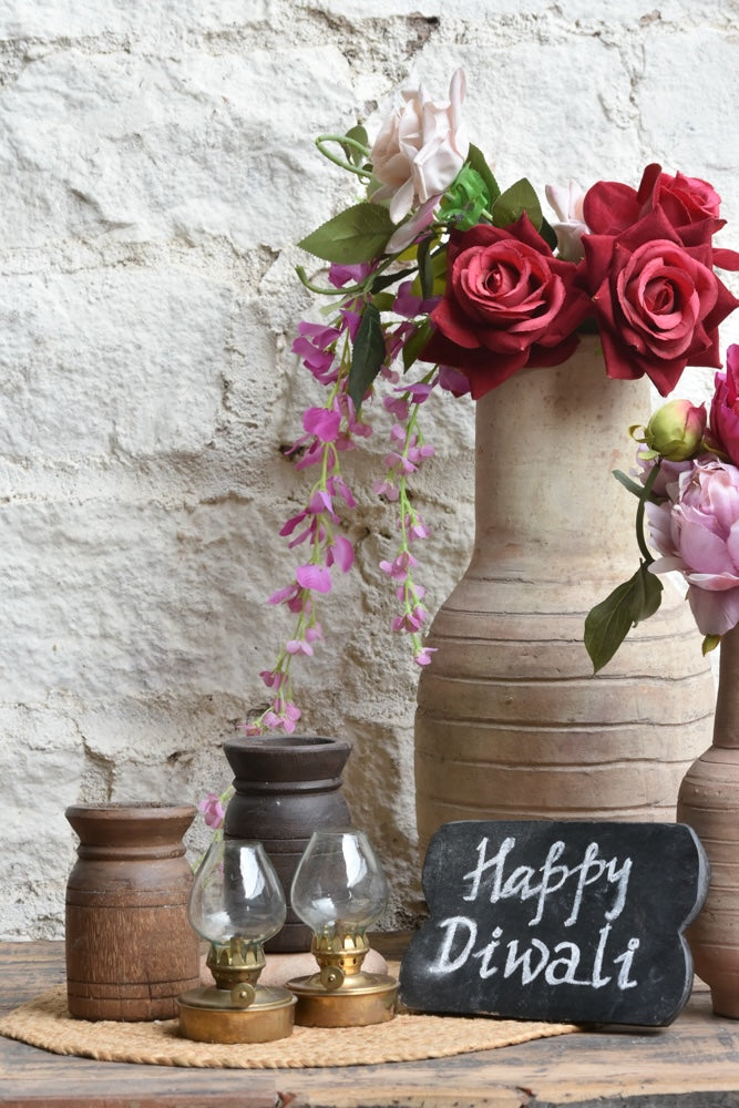 Ekaurr Heritage Glow Set curated artisan gift of an emblem chalkboard handcrafted wooden vases and vintage brass-finish glass lanterns with complimentary greeting card, warm heritage sustainable gifting for home ambience and festive occasions