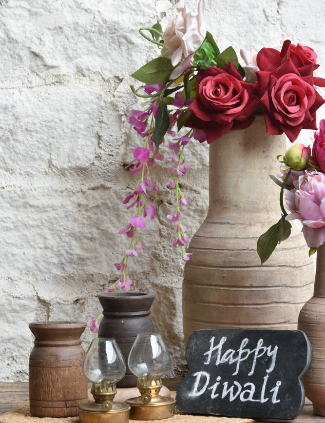 Ekaurr Heritage Glow Set curated artisan gift of an emblem chalkboard handcrafted wooden vases and vintage brass-finish glass lanterns with complimentary greeting card, warm heritage sustainable gifting for home ambience and festive occasions