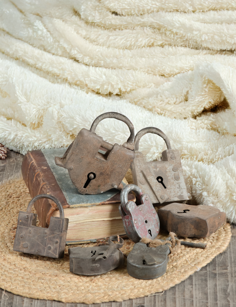 Ekaurr Heritage Vault Decorative Locks set of vintage iron locks with unique patinas, textures and aged finishes, old-world collectible décor accents for shelves or consoles