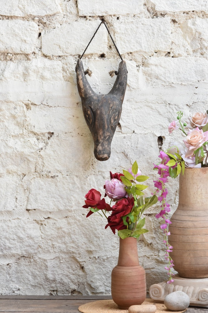 Ekaurr The Horned Sentinel Mask – handcrafted wall mask with prominent horned crown and ceremonial design, statement tribal wall decor