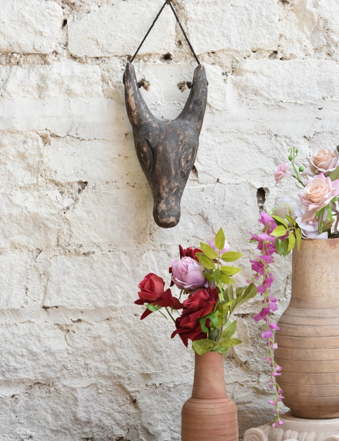 Ekaurr The Horned Sentinel Mask – handcrafted wall mask with prominent horned crown and ceremonial design, statement tribal wall decor
