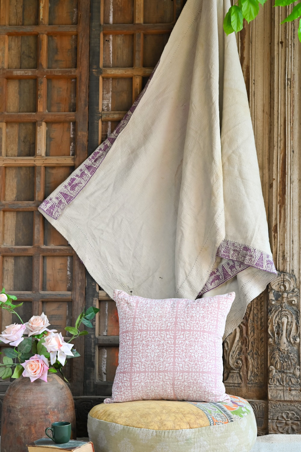 Ekaurr Hues of Pink Cushion Cover handcrafted 18x18 inch cushion cover in blended pink tones from blush to rose, artisan textile accent for sofas beds and soft romantic home styling