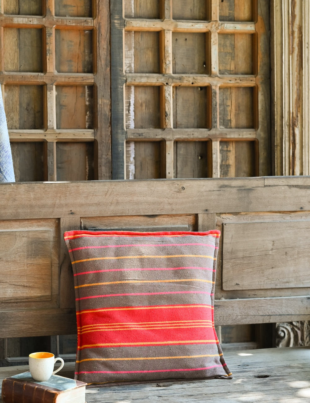 Ekaurr Hues of Sun Striped Cushion Cover handcrafted 18x18 inch cushion cover with warm sun-inspired yellow amber and golden horizontal stripes, artisan textile accent for sofas and bright cheerful home styling