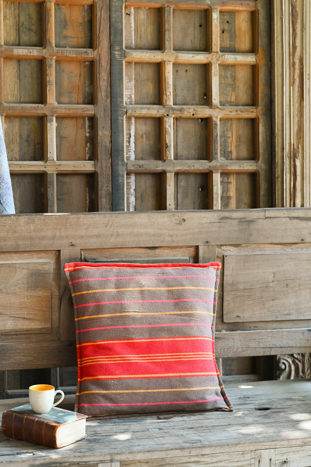Ekaurr Hues of Sun Striped Cushion Cover handcrafted 18x18 inch cushion cover with warm sun-inspired yellow amber and golden horizontal stripes, artisan textile accent for sofas and bright cheerful home styling