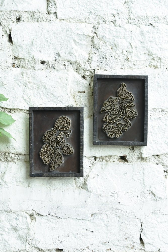 Ekaurr Impressions in Brass Assorted Wall Art – vintage brass-inlaid printing block mounted as decorative wall accent, heritage Indian craftsmanship