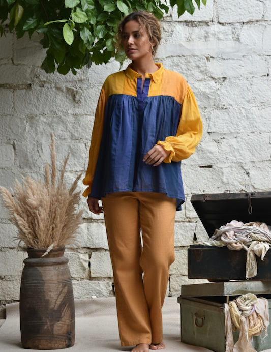 Ekaurr Indigo Sunshift Top handcrafted artisan indigo-dyed cotton top with a sunlit tonal shift or shibori-inspired patterning, slow fashion wearable for conscious women's everyday styling