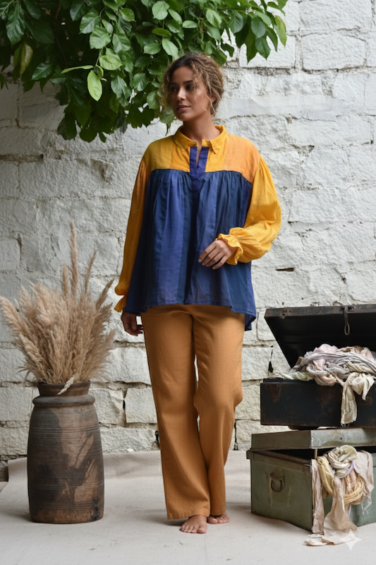 Ekaurr Indigo Sunshift Top handcrafted artisan indigo-dyed cotton top with a sunlit tonal shift or shibori-inspired patterning, slow fashion wearable for conscious women's everyday styling