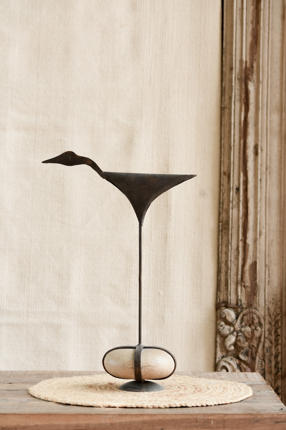 Ekaurr Iron Bird on Pebble Base Decor handcrafted matte iron bird figurine perched on a natural pebble base, artisan decorative accent for shelves consoles and nature-inspired home styling