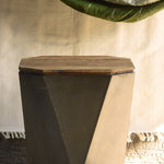 Front view of Ekaurr Iron-Clad Hexagonal Storage Coffee Table showing handcrafted metal cladding and wood surface