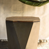 Front view of Ekaurr Iron-Clad Hexagonal Storage Coffee Table showing handcrafted metal cladding and wood surface