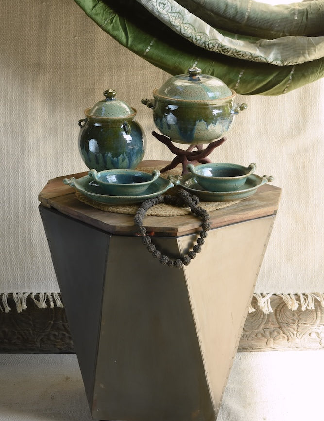 Ekaurr Iron-Clad Hexa Storage Coffee Table with riveted metal panels, hexagonal shape and reclaimed wood top, industrial rustic design