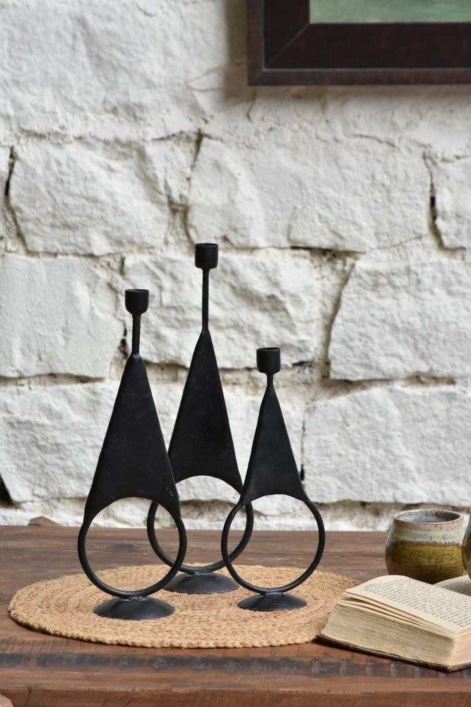 Ekaurr Iron Triad Candle Holders set of 3 matte black iron holders with geometric triangular silhouettes on circular bases, sculptural minimalist candle stand set for mantels consoles and tables