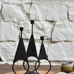 Ekaurr Iron Triad Candle Holders set of 3 matte black iron holders with geometric triangular silhouettes on circular bases, sculptural minimalist candle stand set for mantels consoles and tables