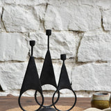 Ekaurr Iron Triad Candle Holders set of 3 matte black iron holders with geometric triangular silhouettes on circular bases, sculptural minimalist candle stand set for mantels consoles and tables