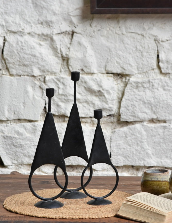 Ekaurr Iron Triad Candle Holders set of 3 matte black iron holders with geometric triangular silhouettes on circular bases, sculptural minimalist candle stand set for mantels consoles and tables