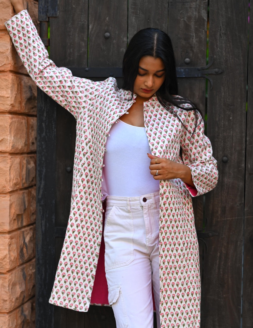 Ekaurr BIGDI Ivory Blooms Coat cotton quilted reversible winter coat in soft ivory with blooming print detailing in size L, artisan slow fashion outerwear for women blending Indian textile heritage with versatile winter styling