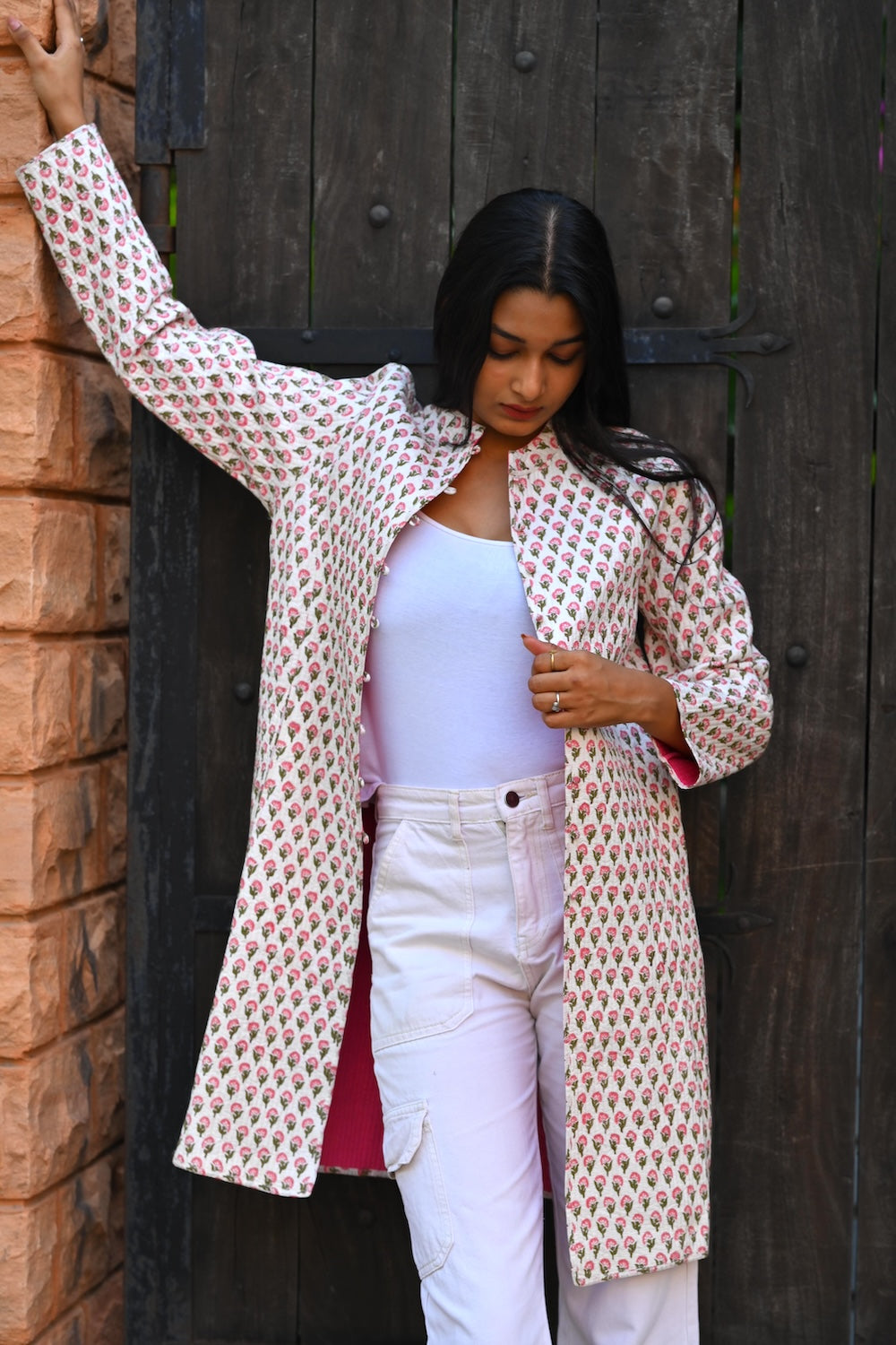 Ekaurr BIGDI Ivory Blooms Coat cotton quilted reversible winter coat in soft ivory with blooming print detailing in size L, artisan slow fashion outerwear for women blending Indian textile heritage with versatile winter styling