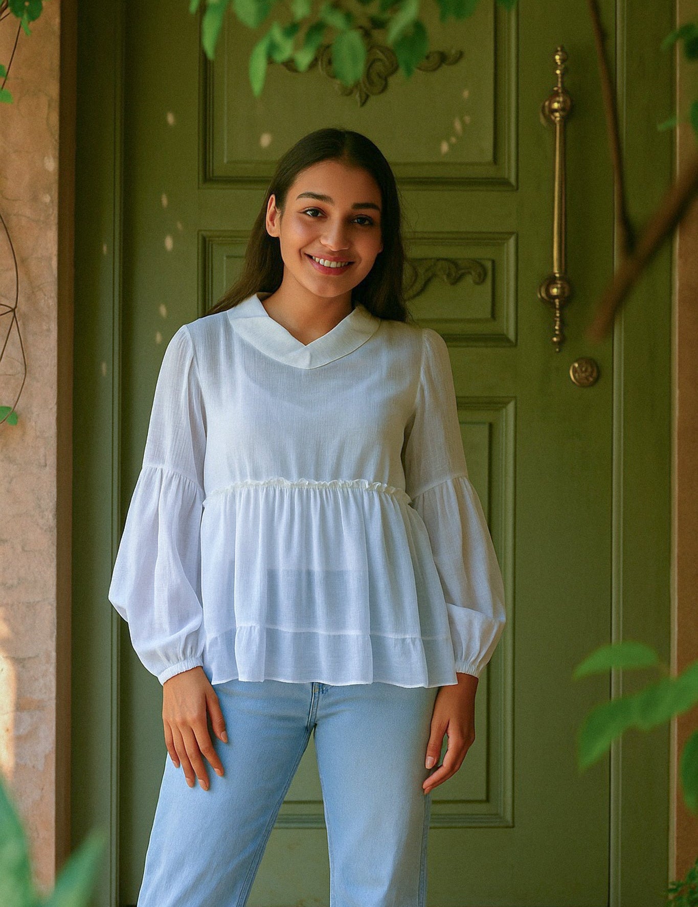 Ekaurr BIGDI Ivory Ease Cotton Top finest cotton summer top in clean soft ivory with an effortlessly relaxed silhouette, artisan slow fashion top for women from the BIGDI summer pastel collection