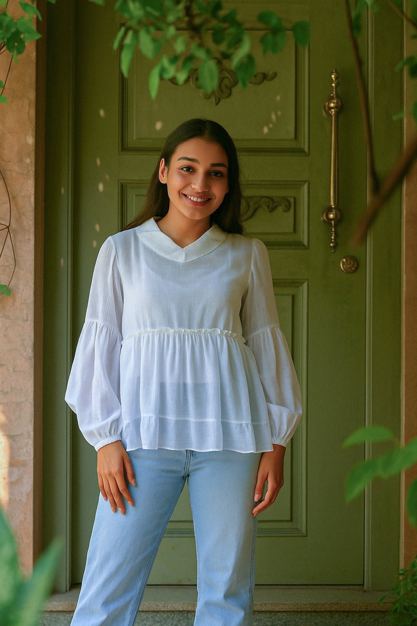 Ekaurr BIGDI Ivory Ease Cotton Top finest cotton summer top in clean soft ivory with an effortlessly relaxed silhouette, artisan slow fashion top for women from the BIGDI summer pastel collection