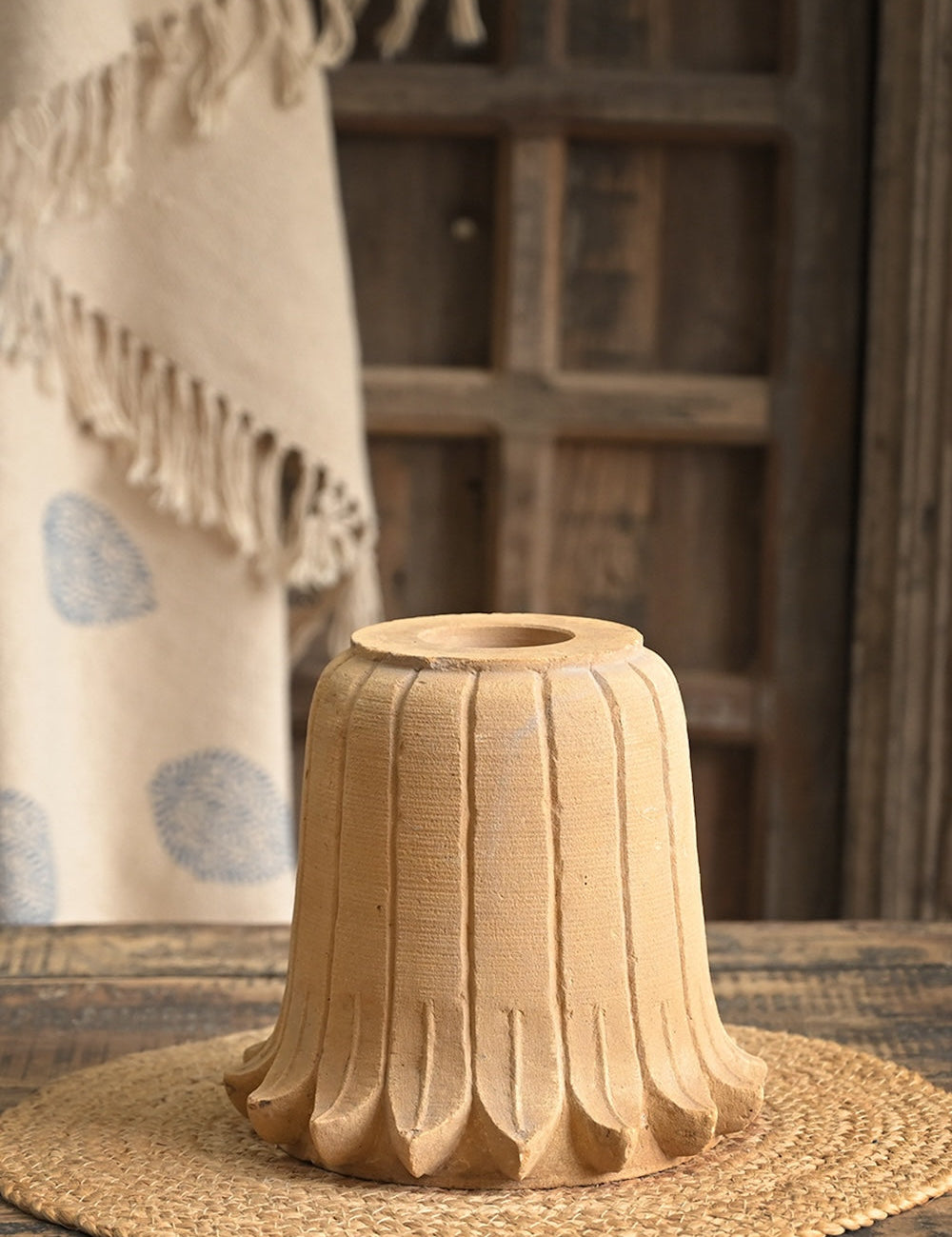 Ekaurr Jaiselmer Stone Riser hand-carved authentic Jaisalmer yellow limestone display pedestal at 8.5x8.5x8 inches with warm golden hues and natural Rajasthani stone texture, one-of-a-kind heritage riser for sculptures idols and statement home decor