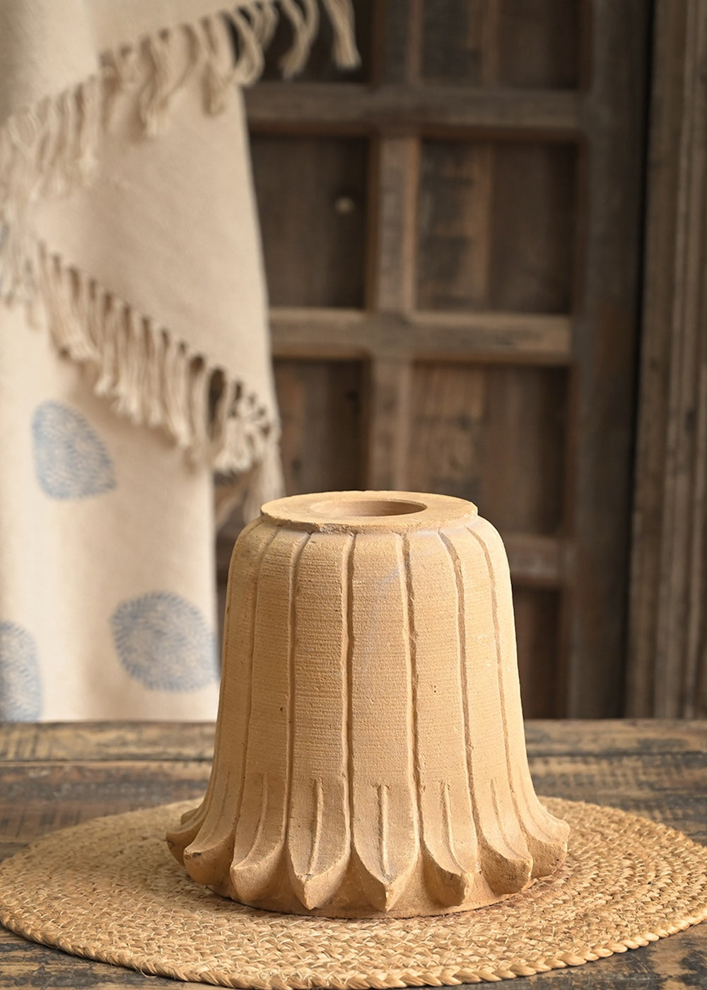 Ekaurr Jaiselmer Stone Riser hand-carved authentic Jaisalmer yellow limestone display pedestal at 8.5x8.5x8 inches with warm golden hues and natural Rajasthani stone texture, one-of-a-kind heritage riser for sculptures idols and statement home decor