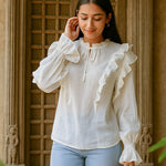 Ekaurr BIGDI Jasmine Frill Cotton Top finest cotton summer top with a jasmine-inspired cascading frill in soft white or cream pastel tones, artisan slow fashion top for women from the BIGDI summer collection